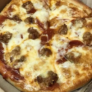 Small pepperoni and sausage pizza