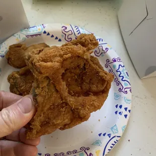 a hand holding a piece of fried chicken