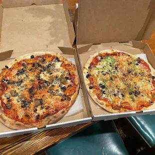 Sausage and olive on left, veggie on the right