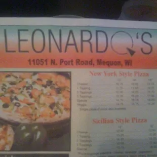 the menu for leonardo's