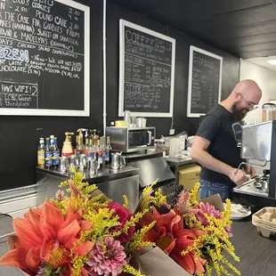 Lots of great coffee options, fresh flowers at the register, friendly barista