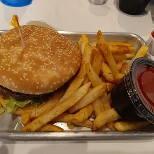 a hamburger and french fries