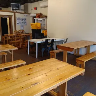tables and benches in a restaurant