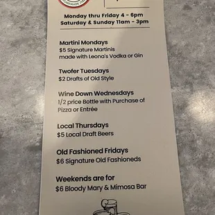 Happy hour menu