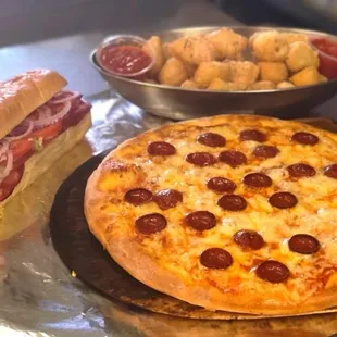 a hot dog and a pizza