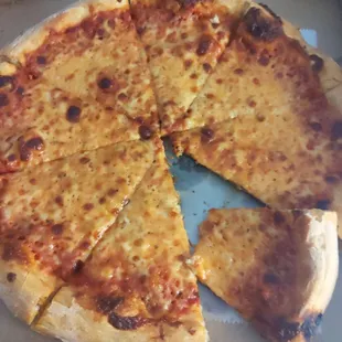 a cheese pizza in a box