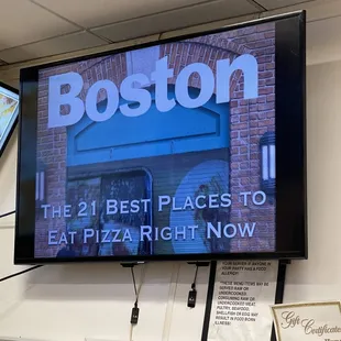 Boston Magazine votes this as one of the top 21 Places to Eat Pizza in Boston on The Video Screen @ Leone&apos;s Pizza &amp; Subs in Somerville MA