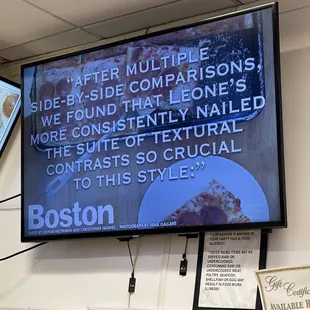 Boston Magazine votes this as one of the top 21 Places to Eat Pizza in Boston on The Video Screen @ Leone&apos;s Pizza &amp; Subs in Somerville MA