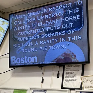 Boston Magazine votes this as one of the top 21 Places to Eat Pizza in Boston on The Video Screen @ Leone&apos;s Pizza &amp; Subs in Somerville MA