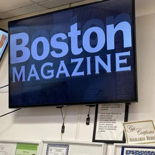 Boston Magazine votes this as one of the top 21 Places to Eat Pizza in Boston on The Video Screen @ Leone&apos;s Pizza &amp; Subs in Somerville MA