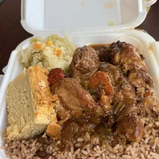 Brown Stew Chicken side of cabbage and Rice &amp; Peas