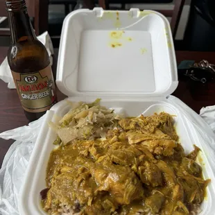 Curry Chicken, red beans and rice with cabbage and Ginger Beer. Yum!!