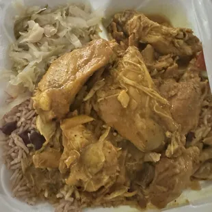 Curry Chicken with Rice &amp; Peas and Steamed Cabbage