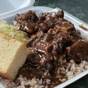 Oxtail Stew with Rice &amp; Peas, Steamed Cabbage and cornbread!