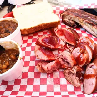 Mixed Rib Dinner with spare ribs and sausage. "Them Beans" for both my sides because they're sooo good!