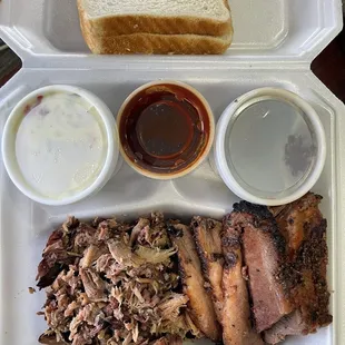 Sliced brisket, pulled pork to go