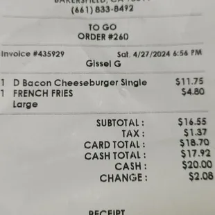18.70 for a buger and fries!  April 2024