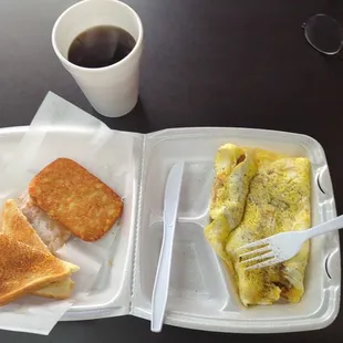 Omelette with hash browns and coffee