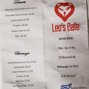 Leo&apos;s dinner days, hours and menu March 2021