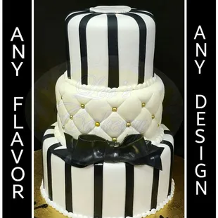 Black &amp; White Fondant Cake
with gold pearls...