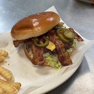 Bacon cheeseburger burger with added jalapeños