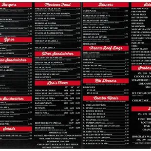 Menu as of September 2018