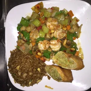Kung po shrimp combo with egg roll and fried rice
