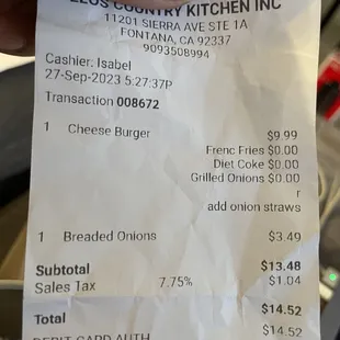 the receipt for the restaurant