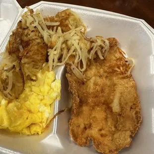 Chicken fried chicken, with hasbrowns and eggs! (gravy was on the side as well as the toast)