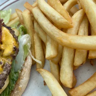 a cheeseburger and fries