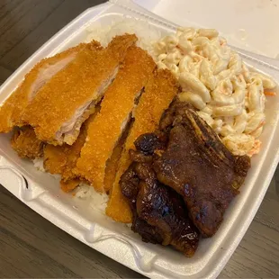 Katsu, short ribs, extra macaroni salad.