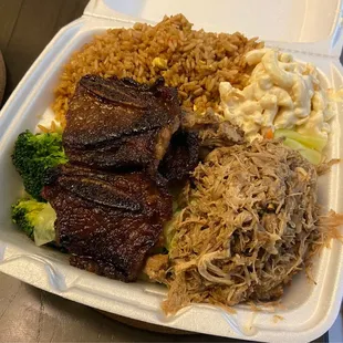 Short ribs, pork, macaroni salad, and fried rice.