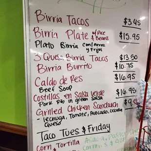 Specials menu as of 11/22/2024