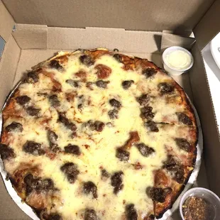 Medium hamburger with provel cheese.