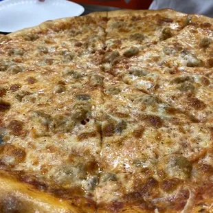 Sausage, onion and mushroom pizza.....Yummy!