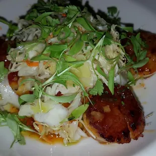 Sweet &amp; spicy Chile glazed scallops with Wasabi mashed potatoes, and topped with carrot and cucumber slaw.