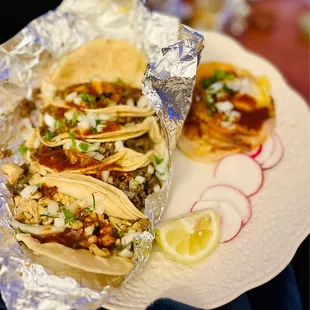 Cabeza Carnitas, Pollo Tripa, Al Pastor Tacos