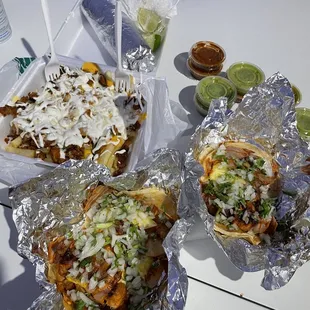 Al pastor burrito, Al pastor fries &amp; al pastor tacos