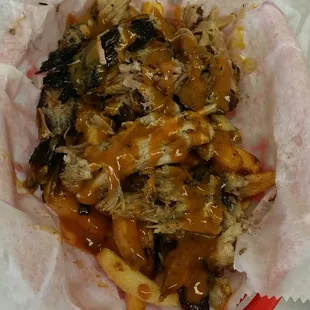 BBQ Fries...French Fries topped with your choice of bbq and heavy sauce.