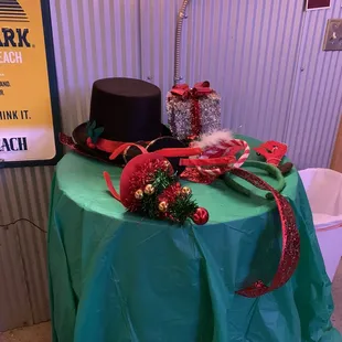 a table with a hat on it