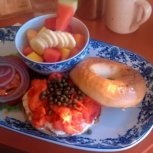 my delicious bagel and lox breakfast (sorry if it's not high res; I'd borrowed  my mom's smartphone to take this)
