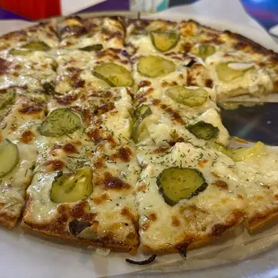 Pickle Pizza.  This PLO (pizza like object) was excellence.  It uses a ranch based sauce.