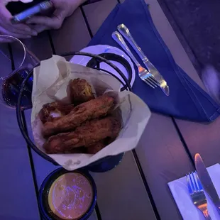 Best zucchini fries I&apos;ve had in my life with bang bang sauce and ranch sauce.