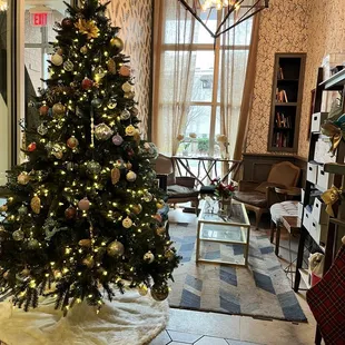 a christmas tree in a living room