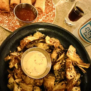 Crab Rangoon Spring-rolls and Crispy Artichokes