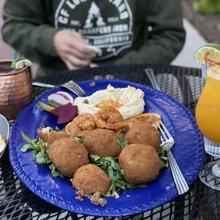 Potato balls, shrimp, and hummus!