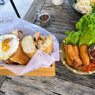 Lemongrass tofu baguette and Royal egg rolls