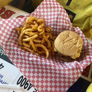 Cheeseburger and curly fries