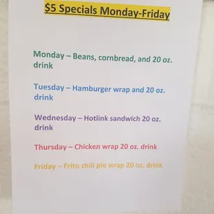 our spring 5 dollar special menu