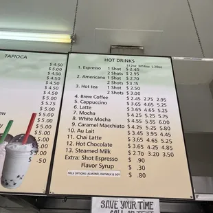 Hot drinks menu